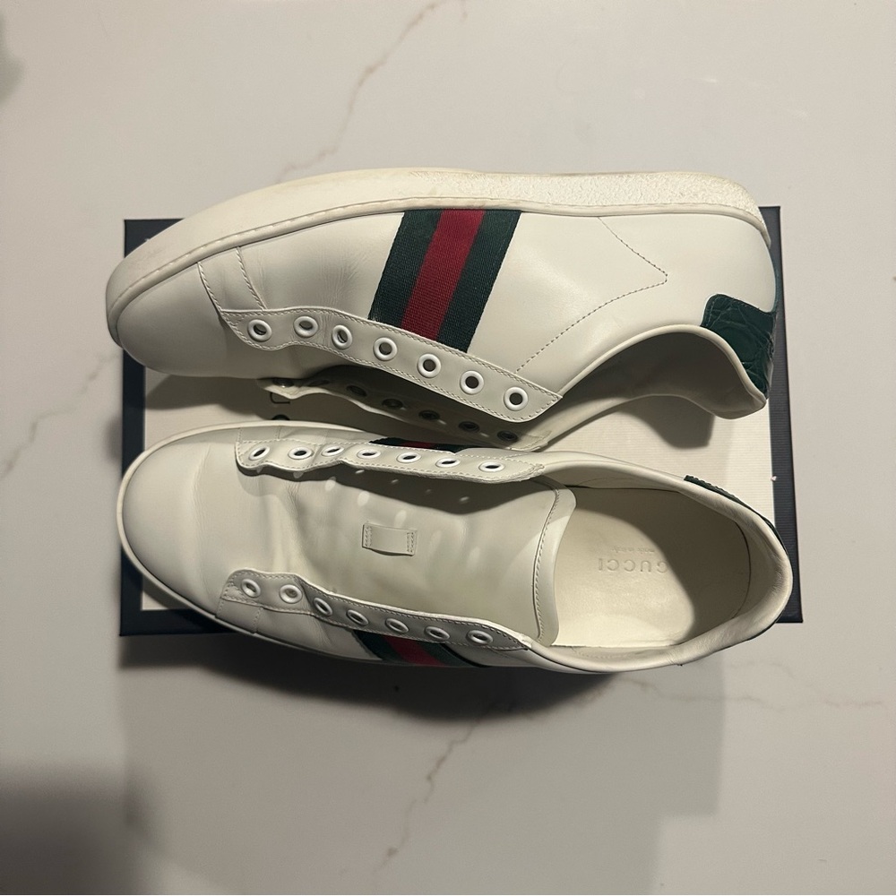 Gucci Womens White - Ace Striped Panelled Leather Sneakers 39 - Picture 4 of 10